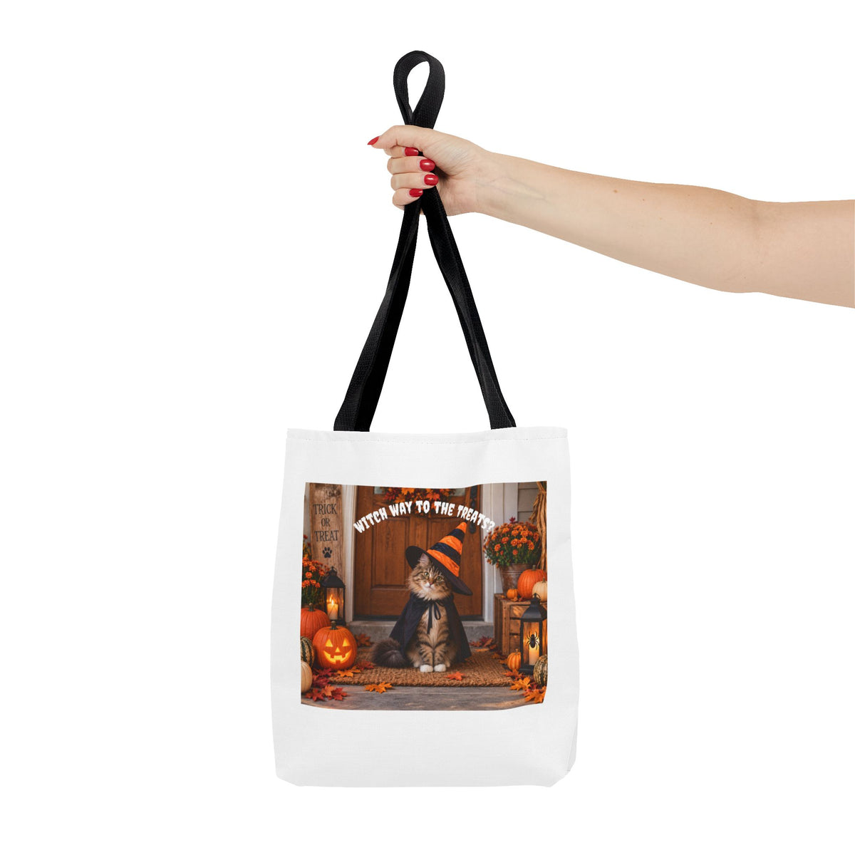 Halloween Cat Tote Bag - "Witch Way to the Treats" Fall Pumpkin Trick-or-Treat Tote