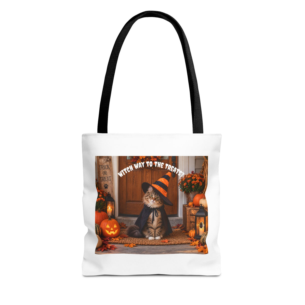 Halloween Cat Tote Bag - "Witch Way to the Treats" Fall Pumpkin Trick-or-Treat Tote