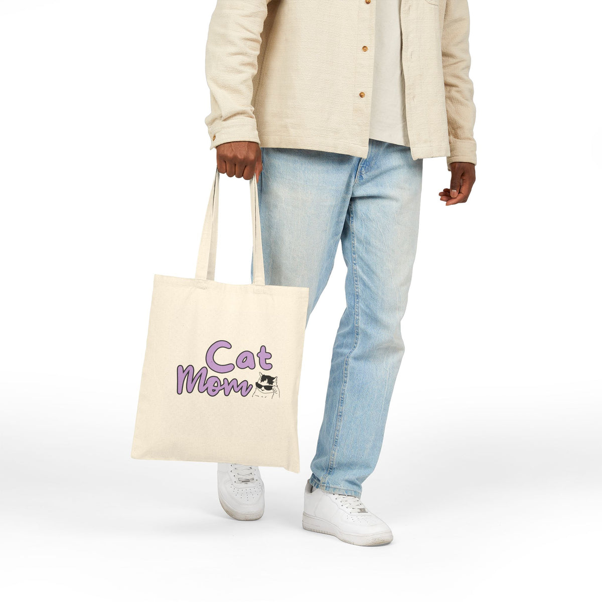 Cat Mom Canvas Tote Bag – Cute Purple "Cat Mom" Cat Lover Grocery & Gift Tote