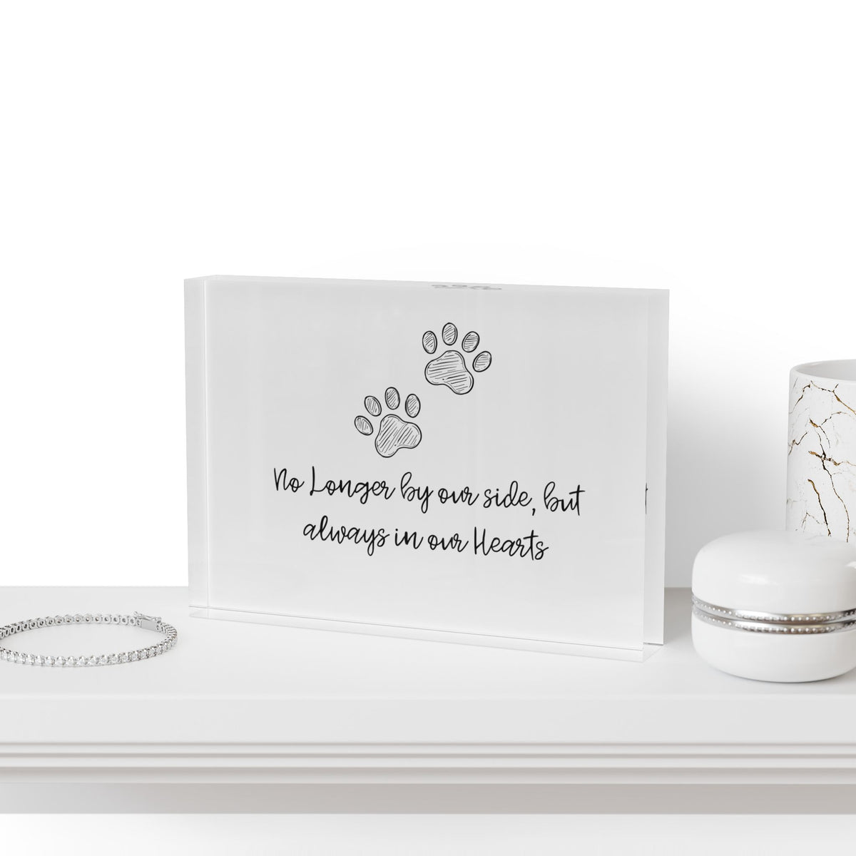 Memorial Photo Block — "No Longer by our side, but always in our Hearts" Paw Print Keepsake