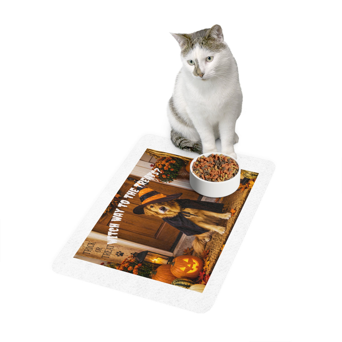 Halloween Dog Pet Food Mat (12x18) — "Which Way to the Treats?"